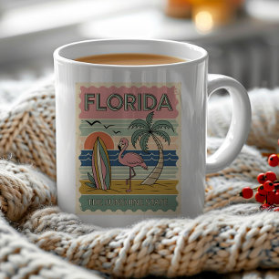 Oude Florida ansichtkaart Flamingo Palmbomen Koffiemok