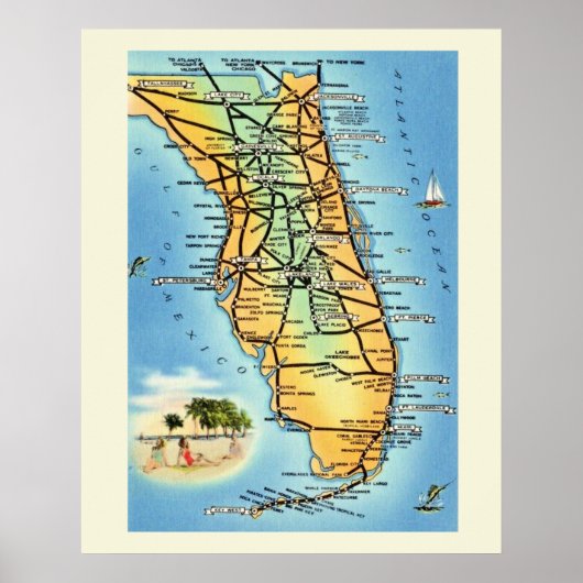 Oude Florida Wegenkaart Poster Print (Voorkant)