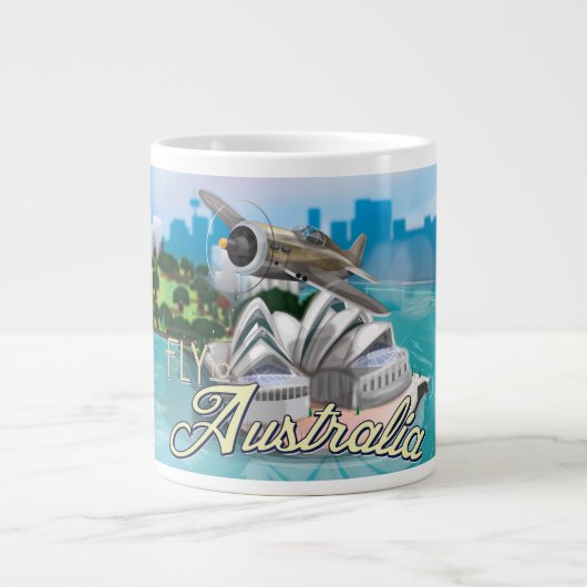 Oude Fly to Australia Reisposter Grote Koffiekop (Voorkant)