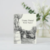 Oude fontein in het park met beeldhouwjongen feestdagenkaart (Staand voorkant)