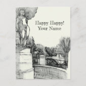 Oude fontein in het park met beeldhouwjongen feestdagenkaart (Voorkant)