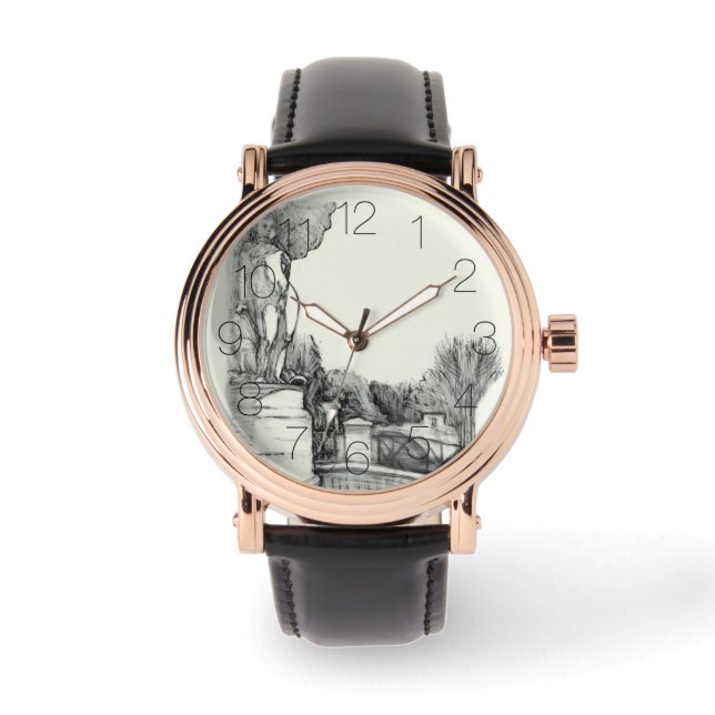 Oude fontein in het park met beeldhouwjongen horloge (Voorkant)