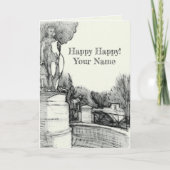 Oude fontein in het park met beeldhouwjongen kaart (Voorkant)