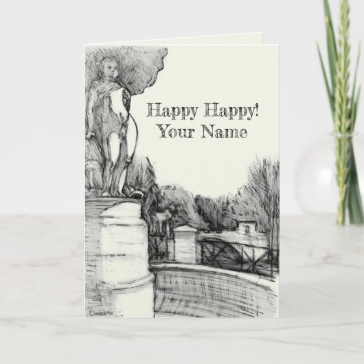 Oude fontein in het park met beeldhouwjongen kaart (Voorkant)