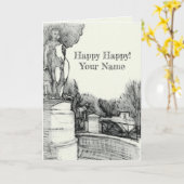 Oude fontein in het park met beeldhouwjongen kaart (Gele Bloem)