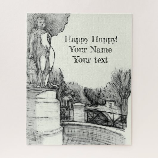 Oude fontein in het park met beeldhouwjongen legpuzzel (Verticaal)