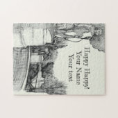 Oude fontein in het park met beeldhouwjongen legpuzzel (Horizontaal)