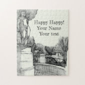 Oude fontein in het park met beeldhouwjongen legpuzzel (Verticaal)