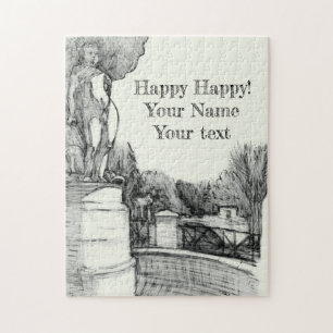 Oude fontein in het park met beeldhouwjongen legpuzzel