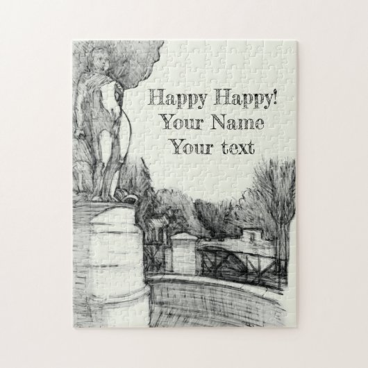 Oude fontein in het park met beeldhouwjongen legpuzzel (Verticaal)