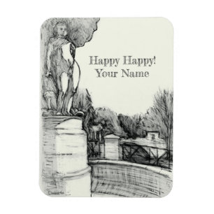 Oude fontein in het park met beeldhouwjongen magneet