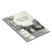 Oude fontein in het park met beeldhouwjongen notitieboek (Rechterzijde)