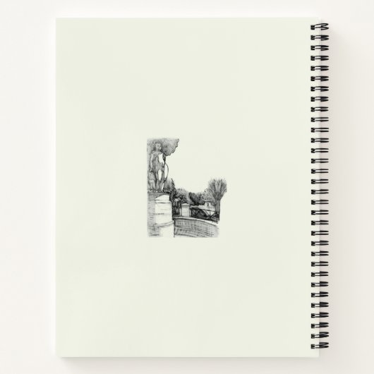 Oude fontein in het park met beeldhouwjongen notitieboek (Achterkant)