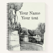 Oude fontein in het park met beeldhouwjongen notitieboek (Voorkant)