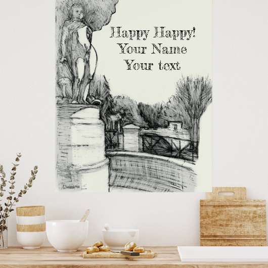 Oude fontein in het park met beeldhouwjongen poster (Keuken)