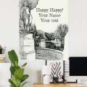 Oude fontein in het park met beeldhouwjongen poster (Thuiskantoor)