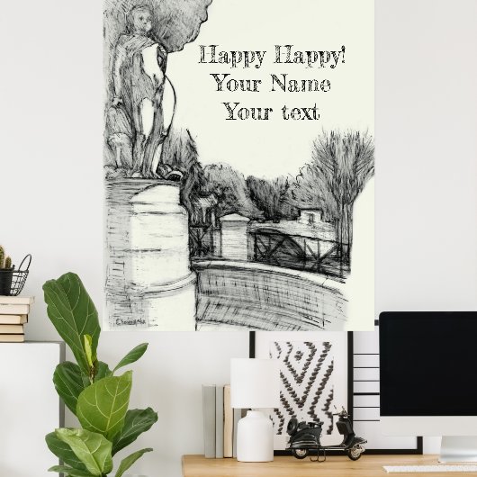 Oude fontein in het park met beeldhouwjongen poster (Thuiskantoor)