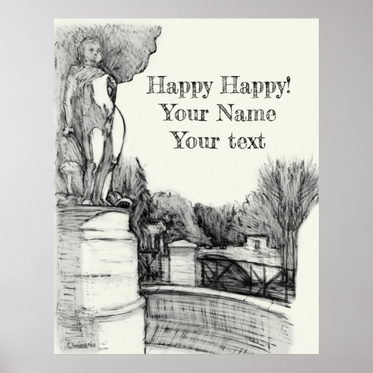 Oude fontein in het park met beeldhouwjongen poster (Voorkant)