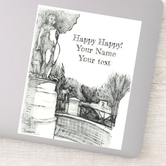 Oude fontein in het park met beeldhouwjongen sticker (Detail)