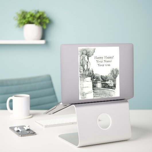 Oude fontein in het park met beeldhouwjongen sticker (Laptop op bureau)