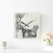 Oude fontein in het park met beeldhouwjongen  vierkante klok (Huis)