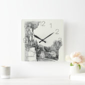 Oude fontein in het park met beeldhouwjongen vierkante klok (Huis)