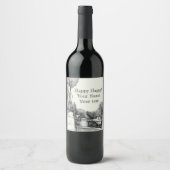 Oude fontein in het park met beeldhouwjongen wijn etiket (Voorkant)