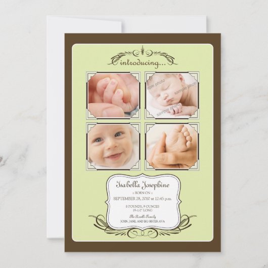 Oude foto quad 5x7" limoen geboorteaankondiging aankondiging (Voorkant)