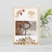 Oude foto van hulstbessen met Kerst Feestdagenkaart (Staand voorkant)