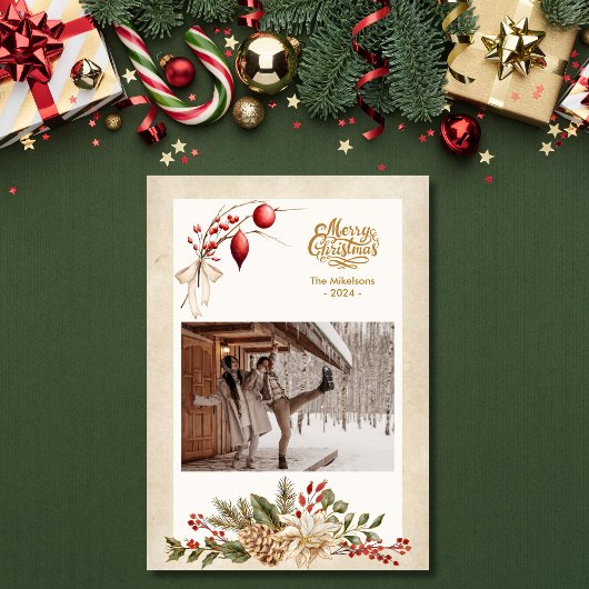 Oude foto van hulstbessen met Kerst Feestdagenkaart