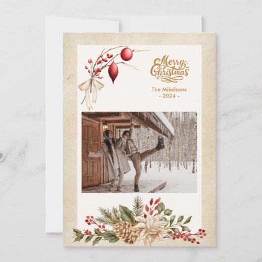 Oude foto van hulstbessen met Kerstmis Feestdagenkaart (Voorkant)