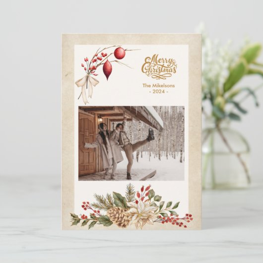 Oude foto van hulstbessen met Kerstmis Feestdagenkaart (Staand voorkant)