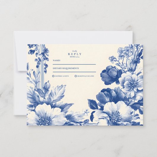 Oude Franse Blauwe Bloemstuk Bruiloft RSVP Kaartje (Voorkant)