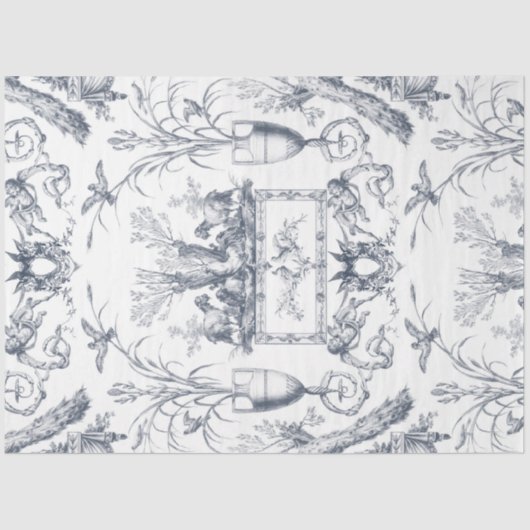 Oude Franse Blauwe Toile Pauw Botanische Boerderij Tissuepapier (Voorkant)