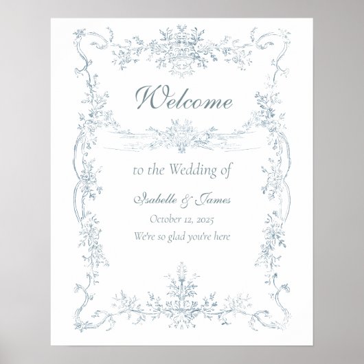 Oude Franse Blauwe Trouwframe Welkom Poster (Voorkant)