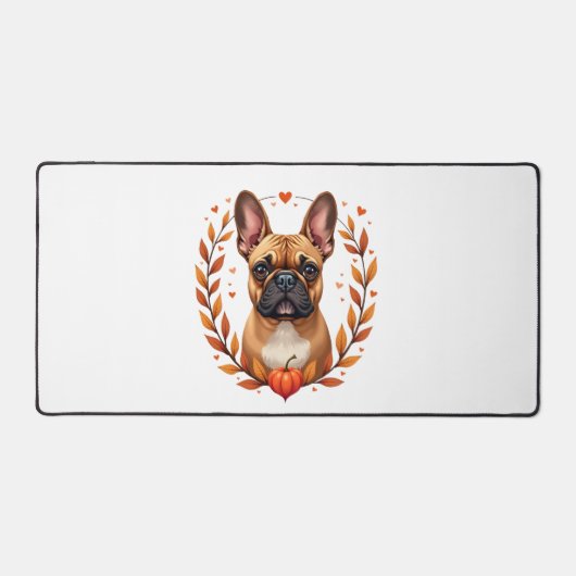 Oude Franse Bulldog met herfstbladkrans en Bureaumat (Voorkant)