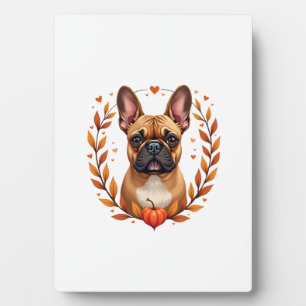 Oude Franse Bulldog met herfstbladkrans en Fotoplaat