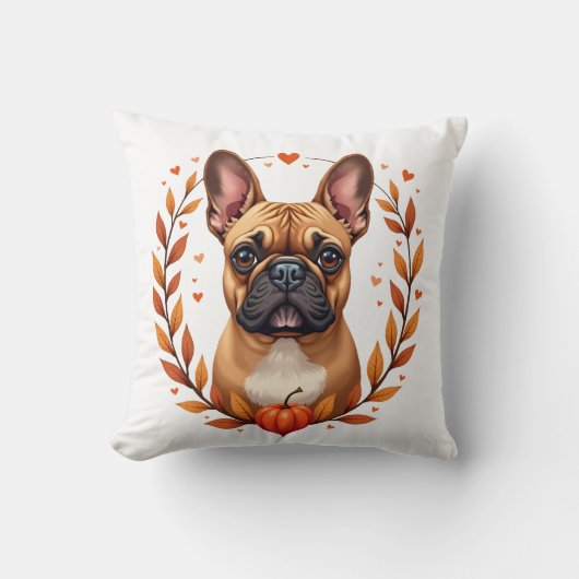 Oude Franse Bulldog met herfstbladkrans en Kussen (Voorkant)