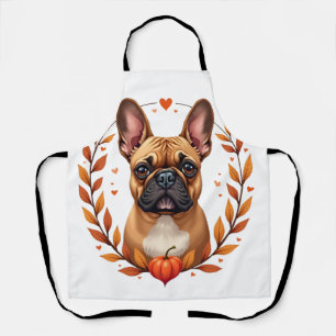 Oude Franse Bulldog met herfstbladkrans en Schort