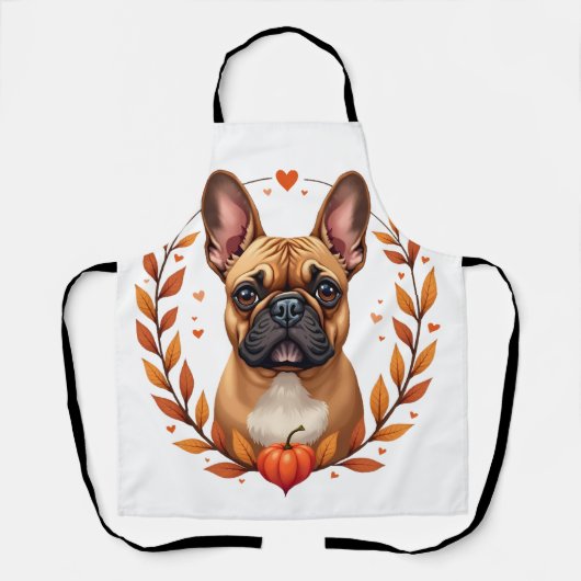 Oude Franse Bulldog met herfstbladkrans en Schort (Voorkant)