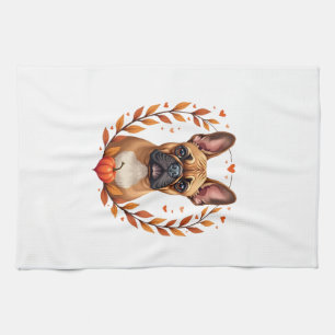 Oude Franse Bulldog met herfstbladkrans en Theedoek