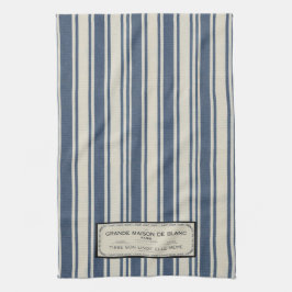 Oude Franse label op blauwe en crèmekleurige strep Theedoek