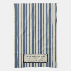 Oude Franse label op blauwe en crèmekleurige strep Theedoek