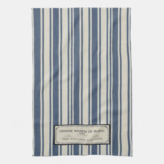 Oude Franse label op blauwe en crèmekleurige strep Theedoek (Verticaal)