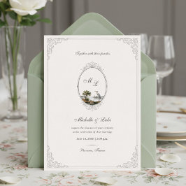 Oude Franse Landschap Monogram Bruiloft Kaart