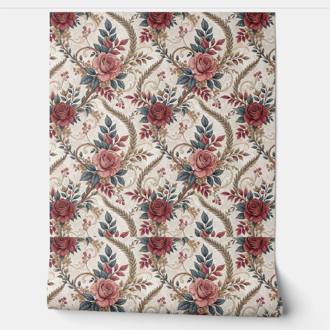 Oude Franse Roos & Bloemmotief met Krullen Behang (Afrollen)