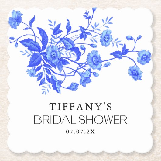 Oude Franse Toile Blauwe Bloem Bruidsdouche Kartonnen Onderzetters (Voorkant)