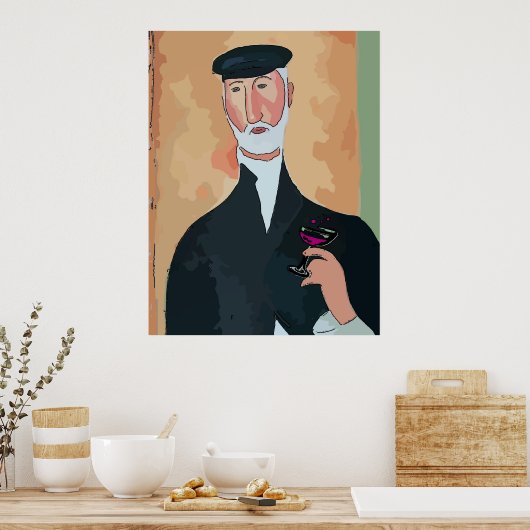 Oude Fransman met wijnglas Poster (Keuken)