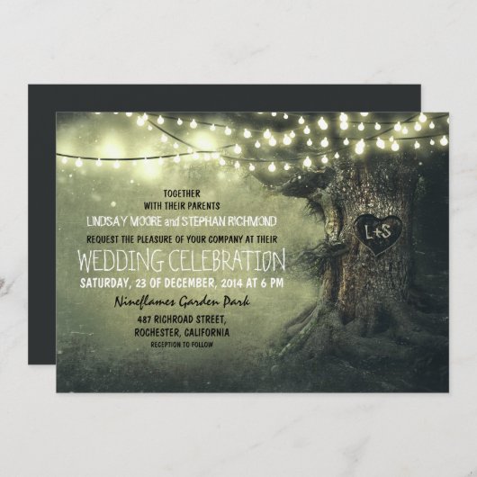 Oude gebeeldhouwde boom twinkle lichten rustieke b kaart (Voorkant / Achterkant)