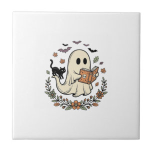 Oude Geest Kat Halloween Bloemrijke Vector Ontwerp Tegeltje